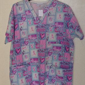 Peaches Uniforms Pink/Blue Heart/Breast Cancer Ribbon L Scrub Top